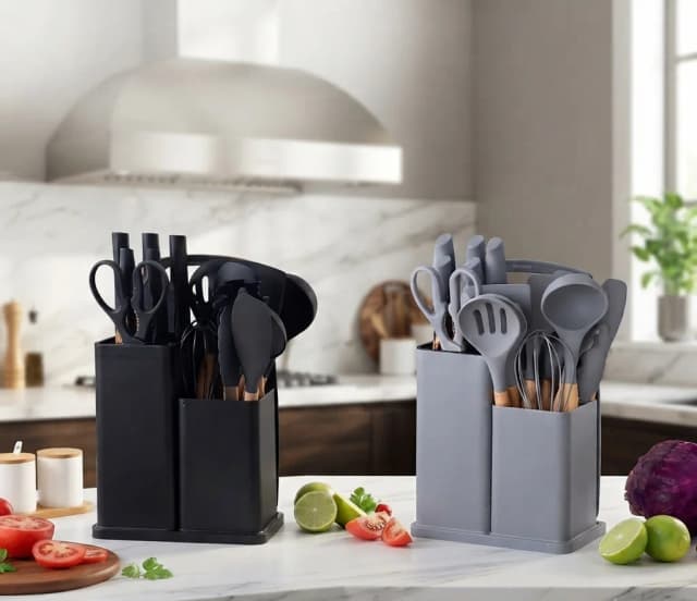 19-Piece Kitchen set with Storage Holder, Silicone Cooking Tools and Knives with Natural Wooden Handles for Home Kitchen