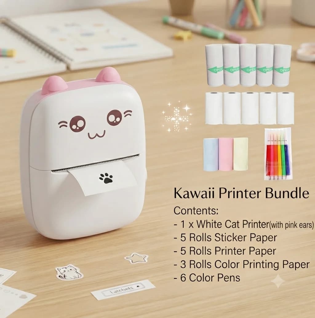 Mini Thermal Printer with sticker, paper & sticker paper, color paper & marker