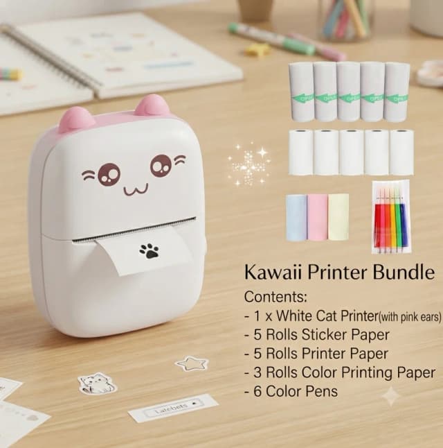 Mini Thermal Printer with sticker, paper & sticker paper, color paper & marker